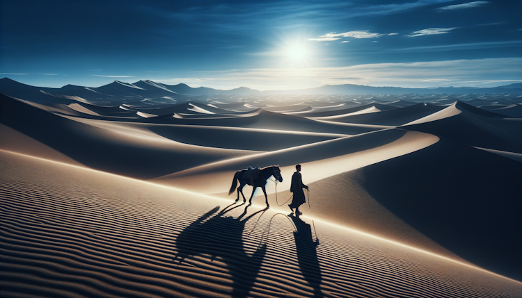 一个人牵着一匹马在一片沙漠上孤独的行走