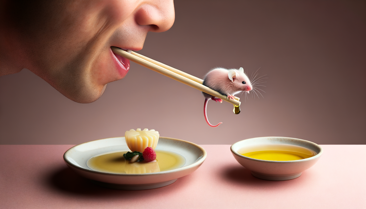 一个人用筷子夹着盘子里刚生出来的粉色的老鼠幼崽，老鼠发出吱吱的叫声，桌子旁边放着油碟和醋碟，那个人吃的满嘴流油