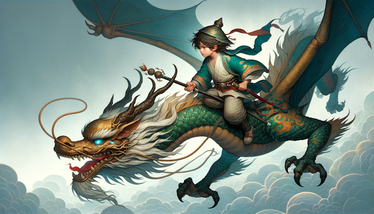 一个修仙少年骑着一条中国龙在天空飞翔，少年腰间有一把剑