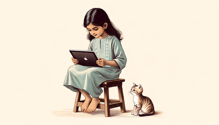 一个女孩坐在凳子上 拿着ipad 边上有一只小猫 手绘风