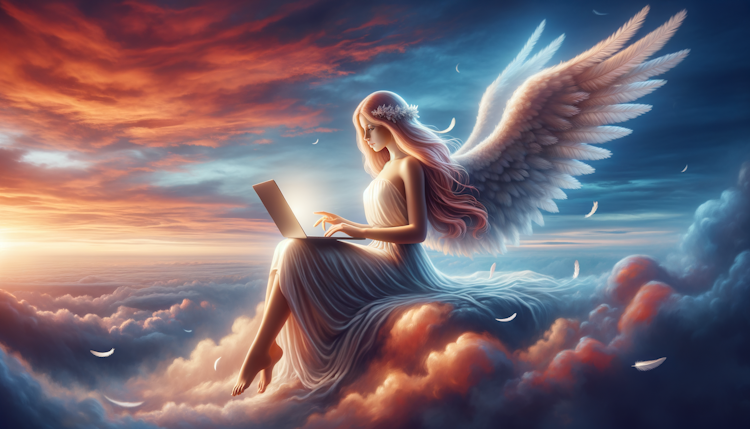 一个女性天使坐在天空中用电脑正在制作PowerPoint