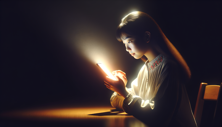 一个年轻的中国妈妈在漆黑的房间里玩手机，手机屏幕发光，插画
