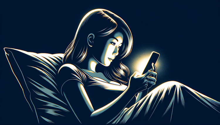 一个年轻的中国妈妈躺在漆黑的房间里玩手机，手机屏幕发光，插画风格