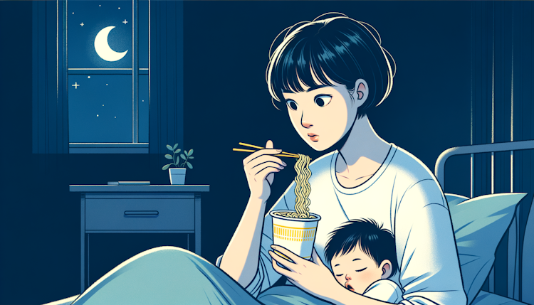 一个年轻的短发中国妈妈在漆黑的夜里吃泡面，她的可爱女宝宝在床上熟睡，插画风格
