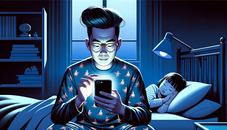 一个戴眼镜的年轻中国爸爸，大背头发型，穿着睡衣，在漆黑的房间里坐着玩手机，手机屏幕发光，他的可爱女宝宝在床上熟睡，插画风格