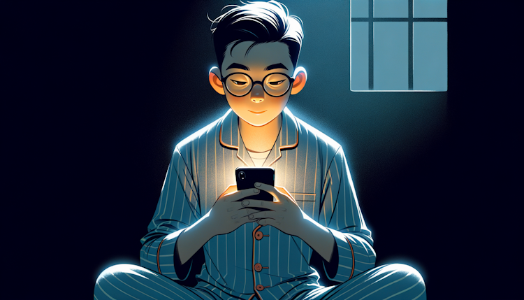 一个戴眼镜的年轻中国爸爸，大背头发型，穿着睡衣，在漆黑的房间里坐着玩手机，手机屏幕发光，插画风格