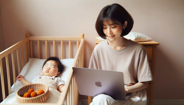 一个挂耳发型的年轻中国妈妈 坐在熟睡的女婴儿床边 边玩苹果电脑边吃辣条