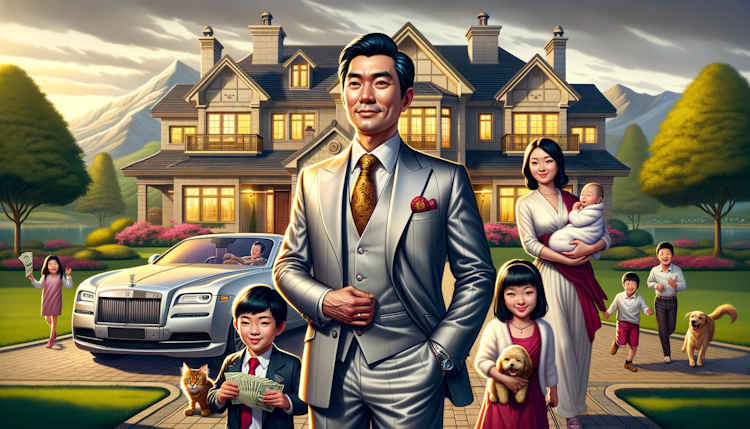 一个无比自信的中国男人，资产过亿，有房，有车，夫妻恩爱，有两个孩子，养1只猫和一只狗。