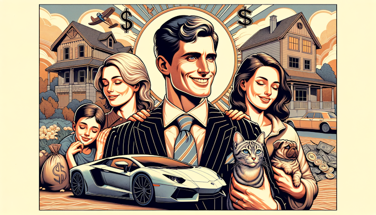 一个无比自信的男人，资产过亿，有房，有车，夫妻恩爱，有两个孩子，养1只猫和一只狗。