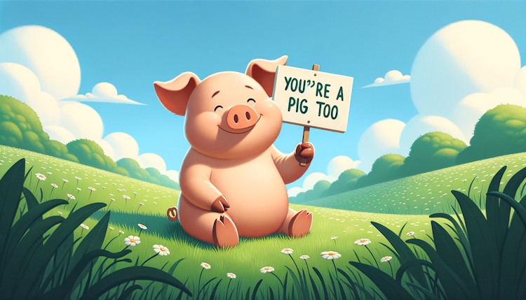 一个猪 举着一个牌子 说你也是猪