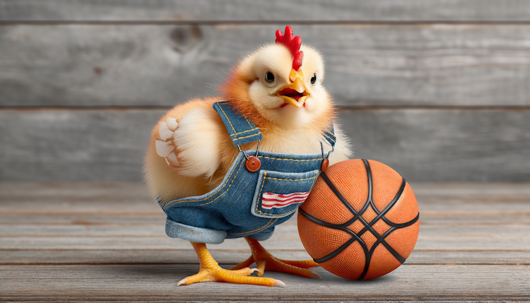 一个穿着背带裤的鸡,在打篮球