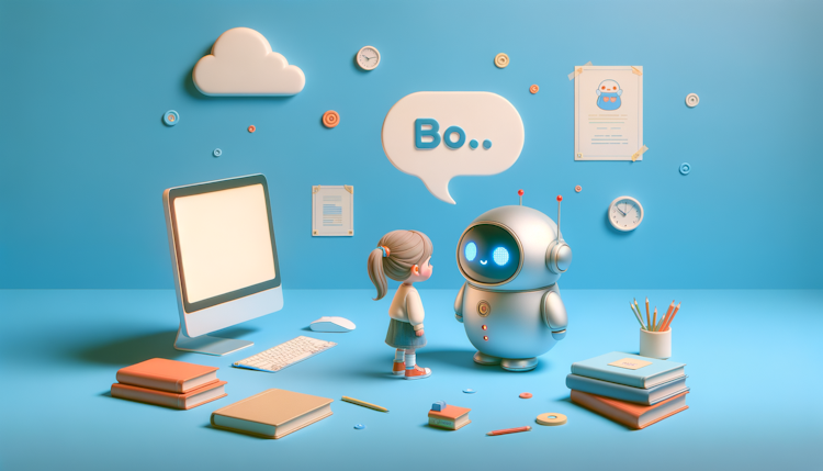 一个萌萌的小型圆形机器人在和一个小女孩对话 书籍 电脑 蓝色背景