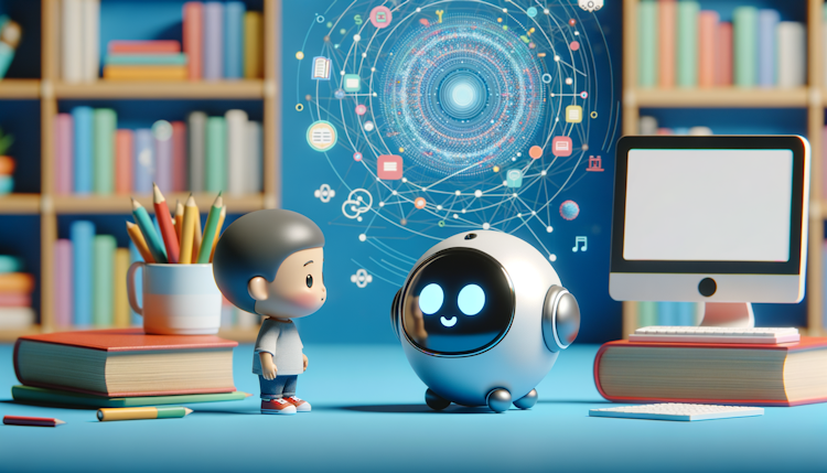 一个萌萌的小型圆形机器人在和一个小男孩对话 书籍 电脑 蓝色背景