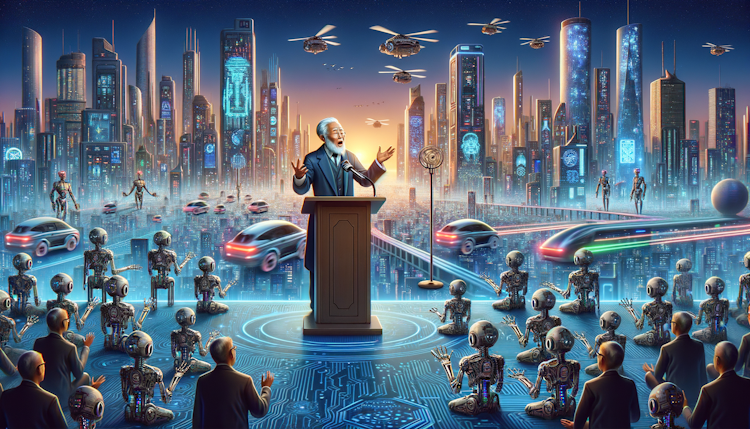 一个说书人在讲台后面，背景是未来城市，有AI机器人、未来交通工具。