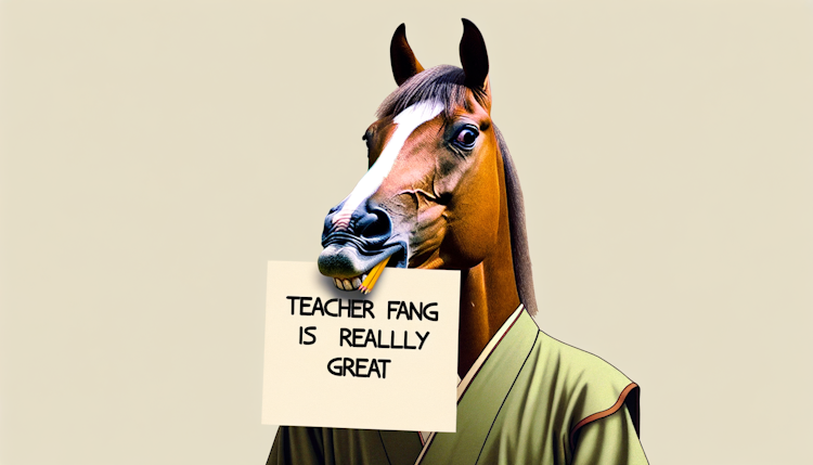 一匹马叼着一张纸，纸上写着“方老师真棒”