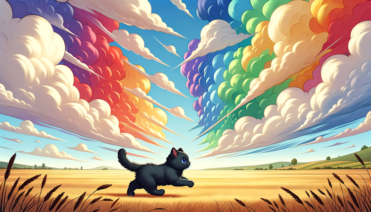 一只小黑猫在田野中奔跑，空中是七彩的云雾，插画，没有人