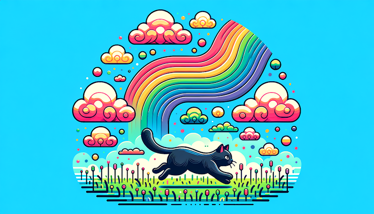 一只小黑猫在田野中奔跑，空中是七彩的云，插画，没有人，鸟瞰图