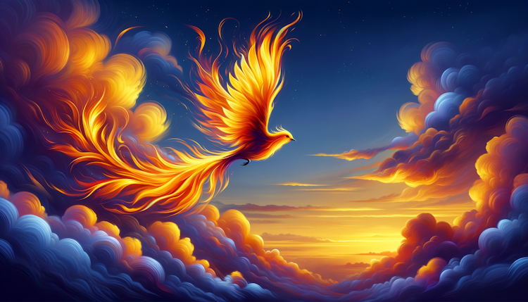 一只火焰鸟在空中飞翔，插画，暖色系