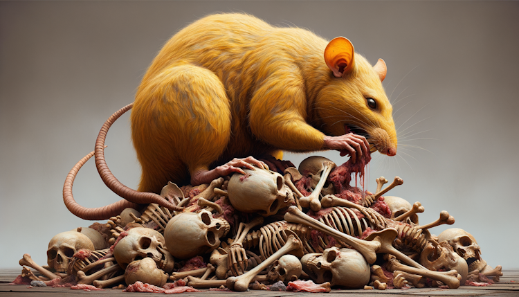 一只硕大的黄色的老鼠趴在一堆骸骨啃食着肉