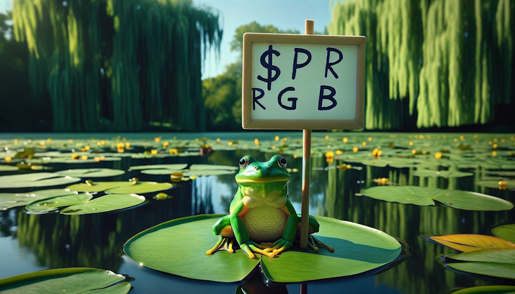 一只绿青蛙，举个牌子，牌子上写着 $P P  R G B