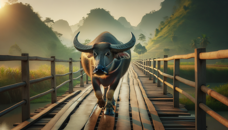 一头大水牛走在农村的桥上