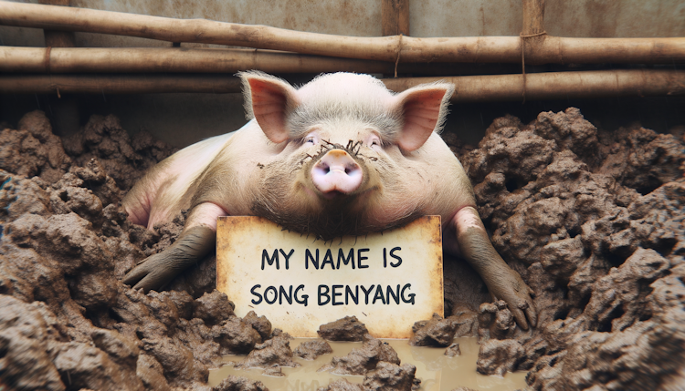 一头猪躺在泥坑里，举着牌子，上面写到我叫宋笨样