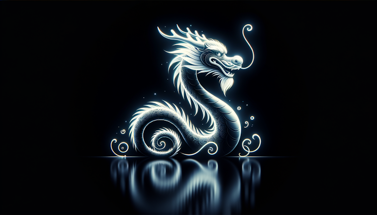 一条全身发光的友善的中国龙，纯黑色背景
