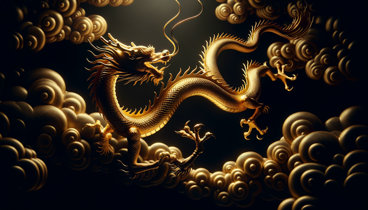 一条全身发金光的中国龙在飞舞，纯黑色背景，简约风格