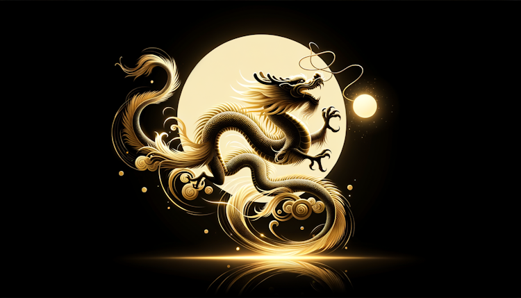 一条喜庆的中国龙在飞舞，全身散发金色的光芒，身体半透明，纯黑色的背景，简笔画
