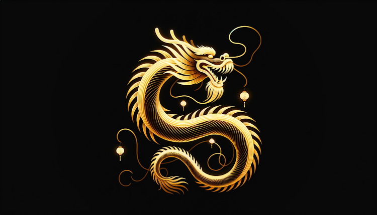 一条喜庆的中国龙，全身散发金色的光芒，身体半透明，纯黑色的背景，简约风格，没有灯笼