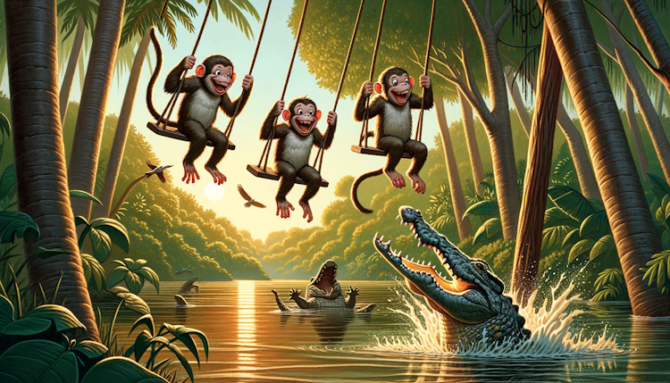 三只猴子荡秋千，嘲笑鳄鱼被水淹