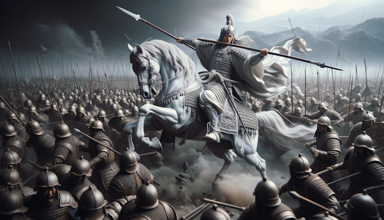 三国战场，白袍银甲的赵子龙身骑白马，手持长枪，一人面对千军万马