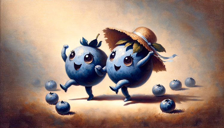 两只可爱的小蓝莓手牵着手在愉快的跳舞，油画风格