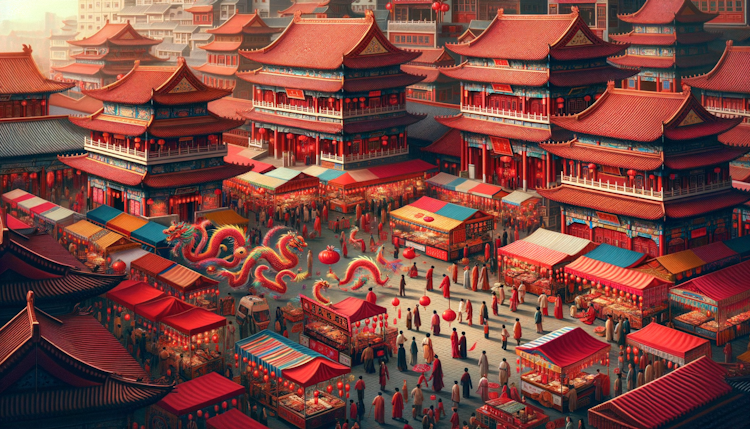 中国庙会，红色色调，