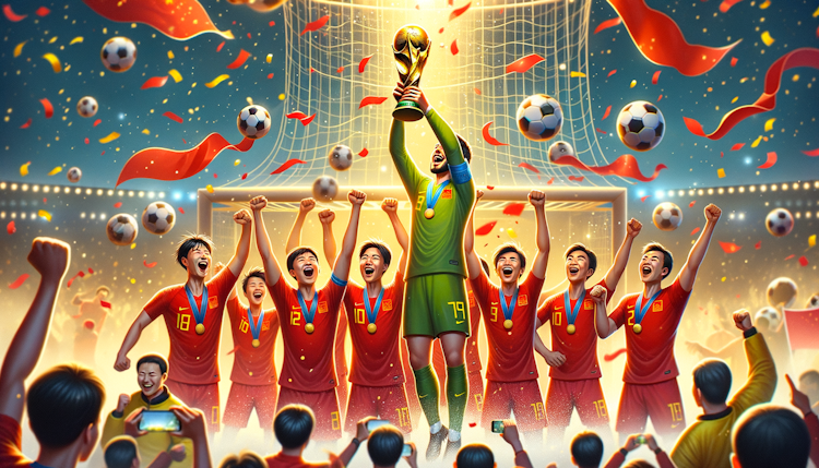中国队在足球世界杯夺冠后捧杯的一刻