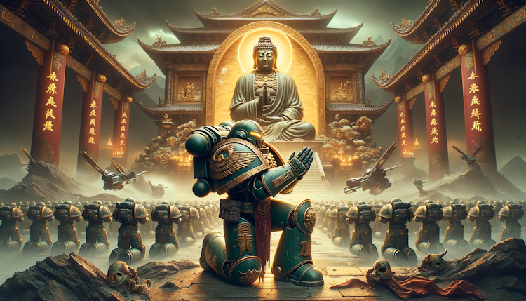 中国风格的战锤40k中的极限战士在宏大的远古战场，单膝跪地向佛祖祈祷
