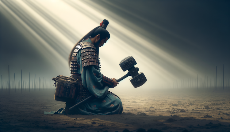 中国风的战锤极限战士在宏大的远古战场，单膝跪地向佛祖祈祷，周围背景明暗交错