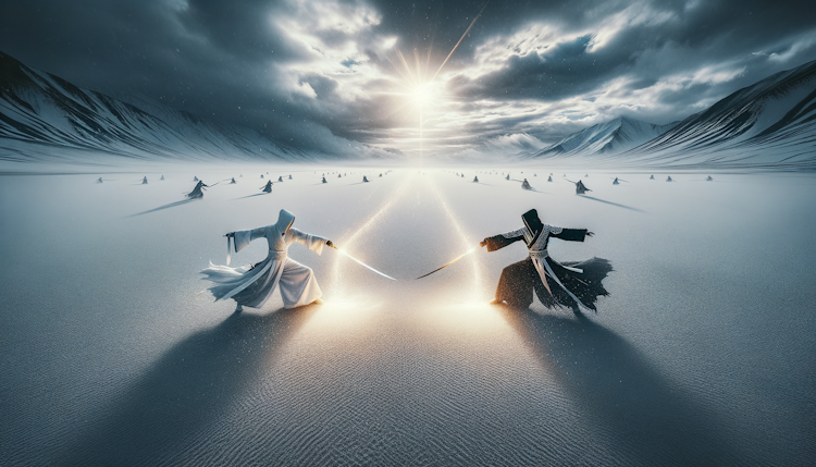 中国风，俯瞰视角，两大神秘剑客，一白衣，一黑衣，两人在一片苍茫的雪原之中交手，刀光剑影，昏天黑地