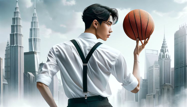 亚洲男明星穿着白衬衣和黑色背带裤，背对着拿着篮球扭动身体