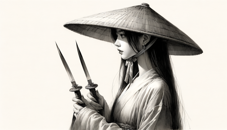 侧面的亚洲女孩带着简易的帽子和优雅的古代素衣，手持两把锋利的刀 ，水墨 ，现实主义，特写，轻背景
