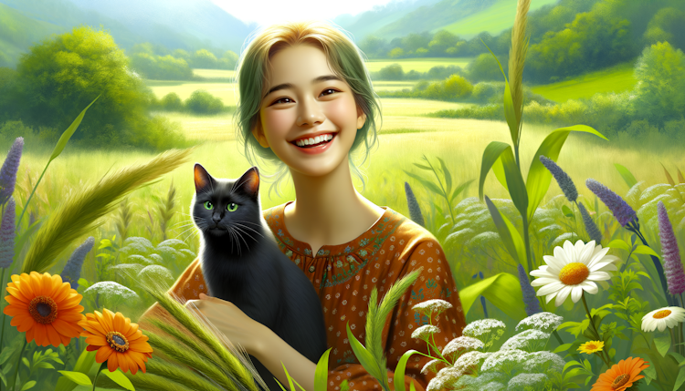 写实风格，一个女孩灿烂的笑着，肩上坐着一只黑猫，在绿色的草地上