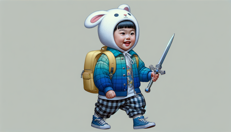 写实风：寸头的中国六岁小男孩，头上戴着一顶白兔帽，穿着蓝色渐变小方格的羽绒服，黑色裤子，蓝色球鞋，背上背着一个淡黄色小书包，手里拿着一把银色的塑料玩具剑，在马路边开心玩耍
