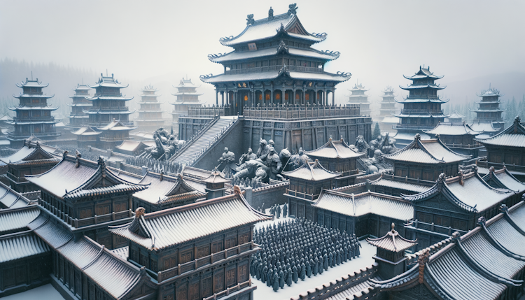 冰雪之下 ，一座中国风的古代壮观城池，城中驻扎着铁甲军团