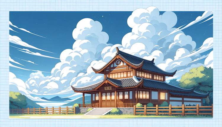 动漫风, 一间中国传统风格的木屋, 蓝天, 白云, 画面干净, 色彩自然