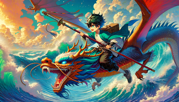 动漫风格，一个身背大剑的少年骑着一条中国龙在天空飞翔