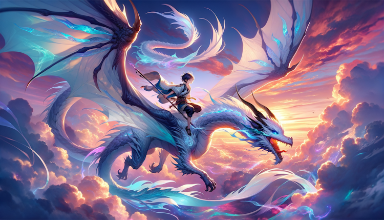 动漫风格，一个身背大剑的少年骑着一条龙在天空飞翔