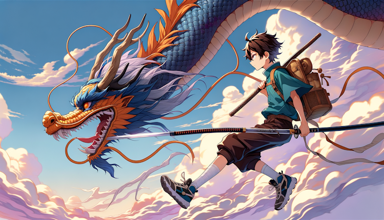 动漫风格，一个身背长剑的少年骑着一条中国龙在天空飞翔，