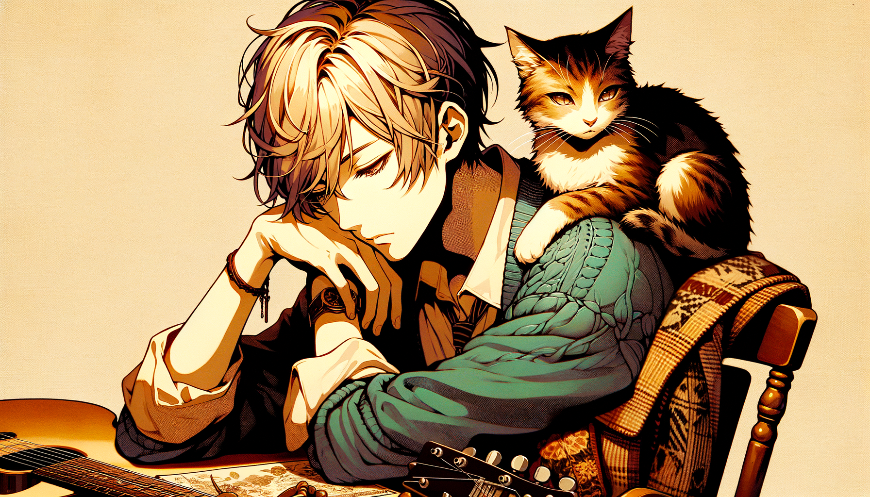 动漫风格，趴在肩上的猫，撑头低眉沉思的少年和一把吉他