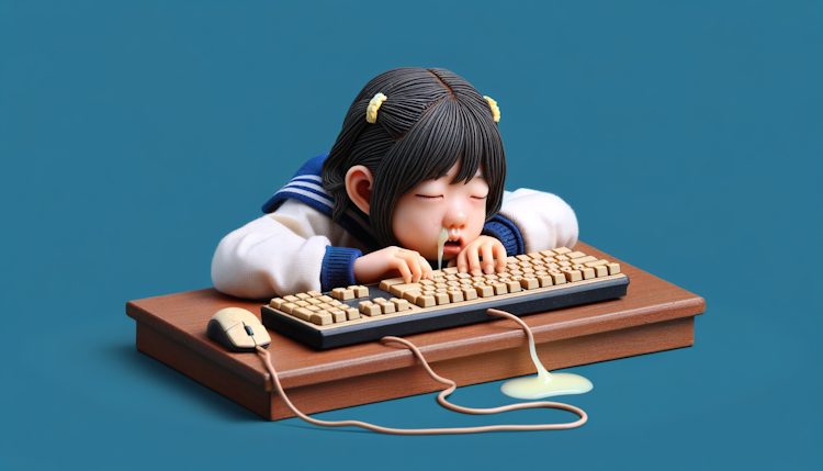 可爱的亚洲女孩，打游戏睡着了，趴在桌上，口水和鼻涕流了一整个键盘都是