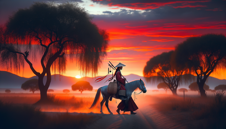 夕阳下，一位侠客，头戴斗笠，肩上背着一把剑和包袱，牵着一头骏马